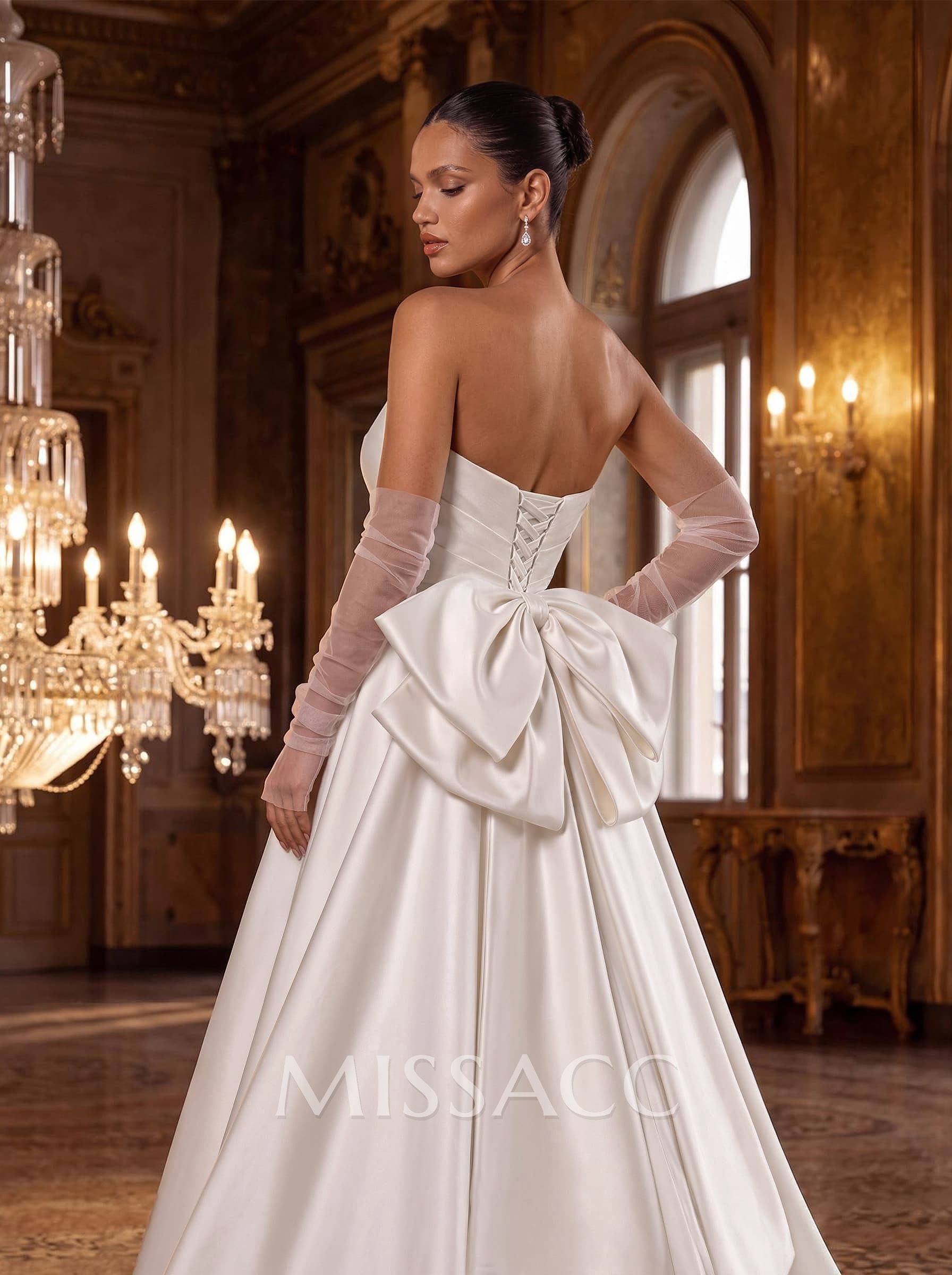 A-Line Strapless Sleeveless Court Train Satin Wedding Dresses With Bow