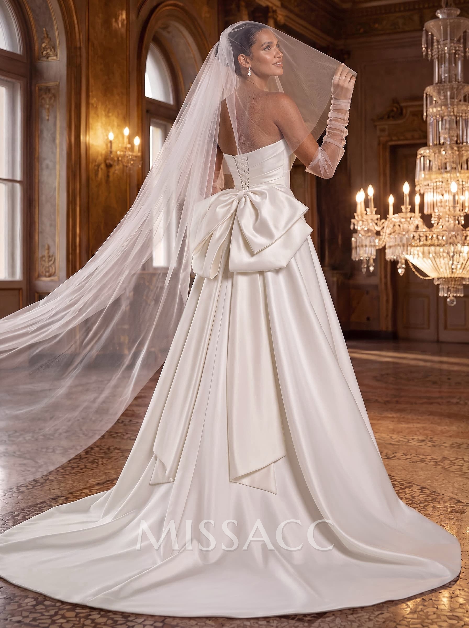 A-Line Strapless Sleeveless Court Train Satin Wedding Dresses With Bow