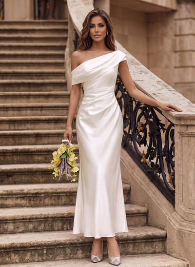 Trumpet/Mermaid Asymmetrical Short Sleeves Ankle-Length Crepe Satin Wedding Dresses With