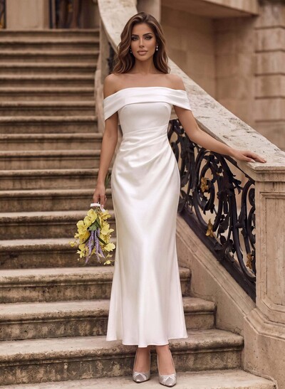 Trumpet/Mermaid Asymmetrical Short Sleeves Ankle-Length Crepe Satin Wedding Dresses