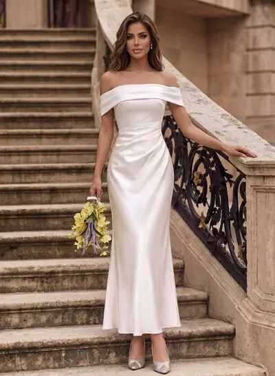 Trumpet/Mermaid Asymmetrical Short Sleeves Ankle-Length Crepe Satin Wedding Dresses