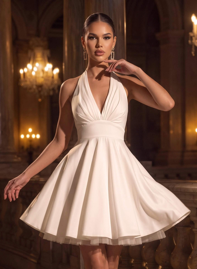 A-Line Plunge Neck Sleeveless Short/Mini Elastic Satin Wedding Dresses