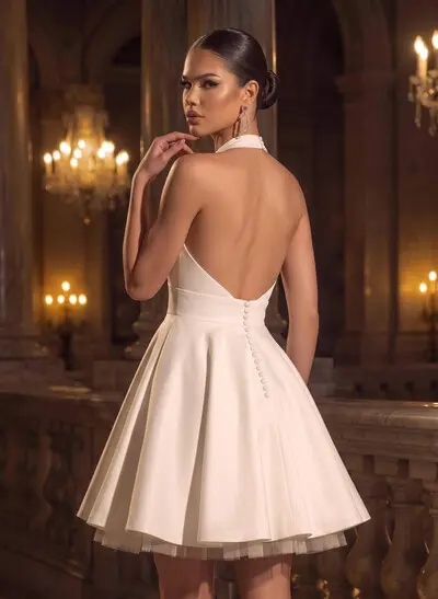 A-Line Plunge Neck Sleeveless Short/Mini Elastic Satin Wedding Dresses