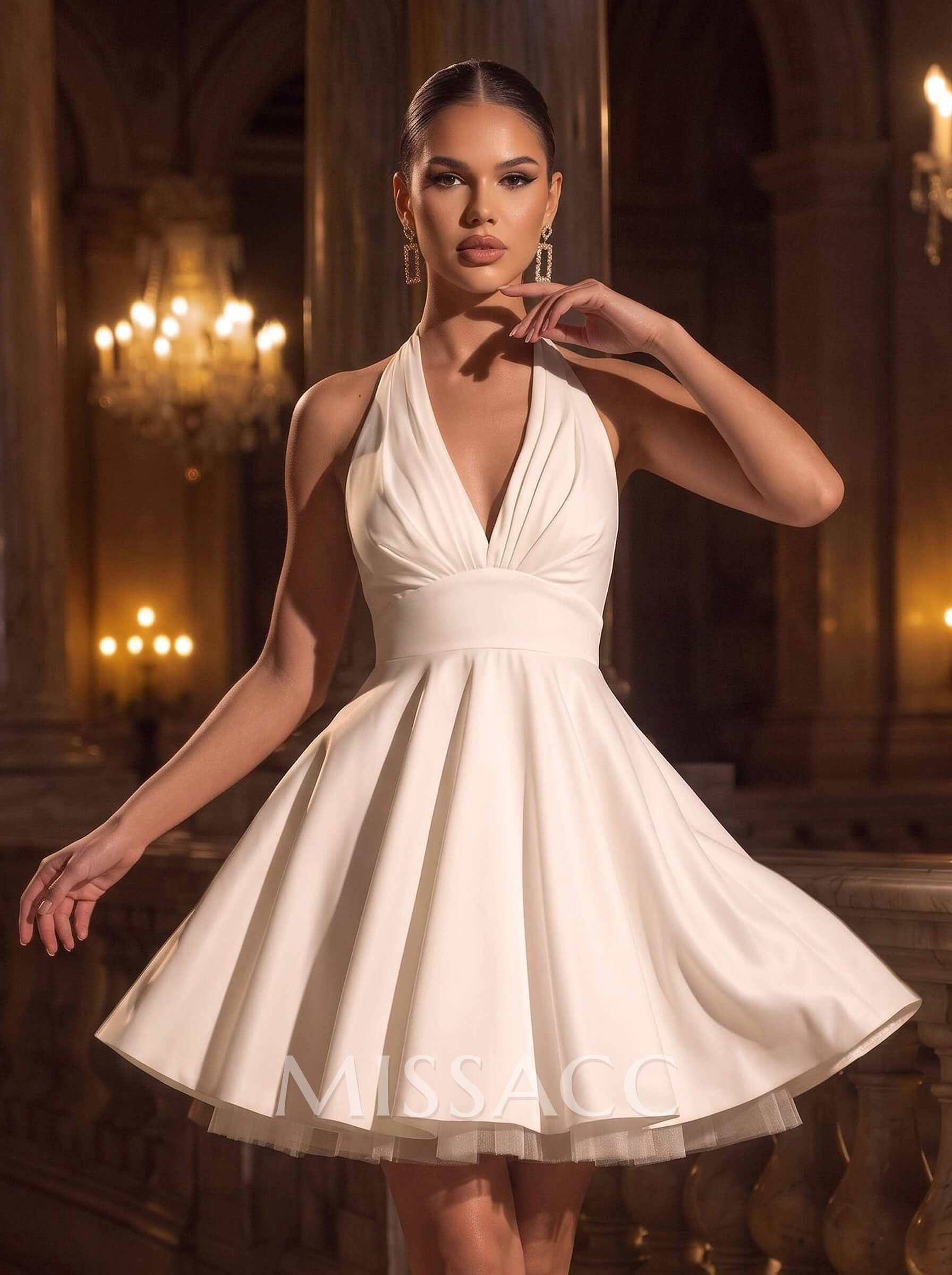 A-Line Plunge Neck Sleeveless Short/Mini Elastic Satin Wedding Dresses