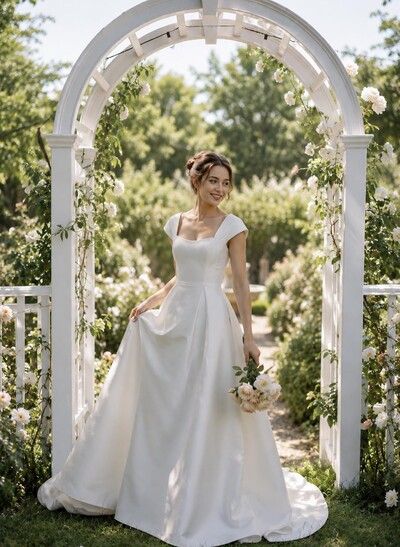 A-Line Square Neckline Short Sleeves Court Train Satin Wedding Dresses