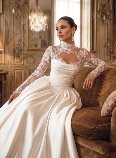 A-Line/Ball-Gown Scoop Neck Long Sleeves Court Train Satin Wedding Dresses With Lace