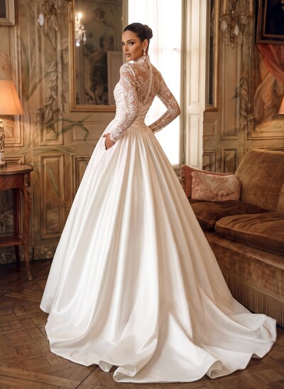 A-Line/Ball-Gown Scoop Neck Long Sleeves Court Train Satin Wedding Dresses With Lace