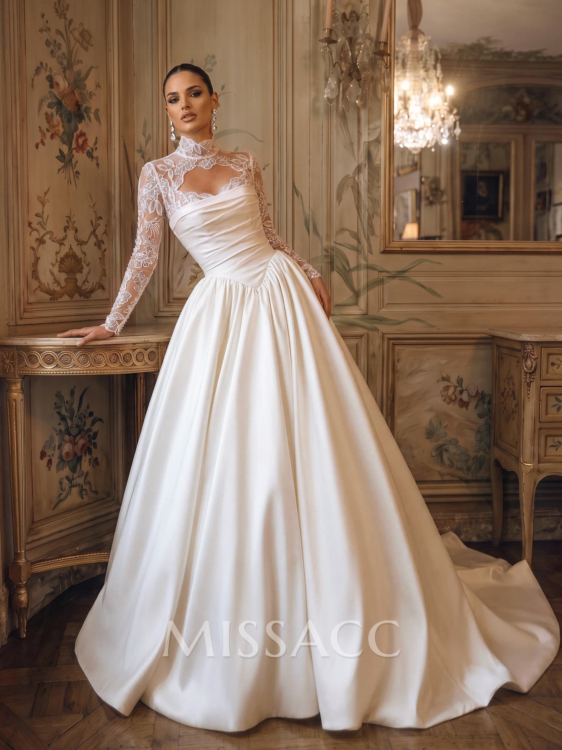 A-Line/Ball-Gown Scoop Neck Long Sleeves Court Train Satin Wedding Dresses With Lace