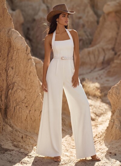 Jumpsuit/Pantsuit Halter Sleeveless Floor-Length Elastic Satin Wedding Dresses With Sash