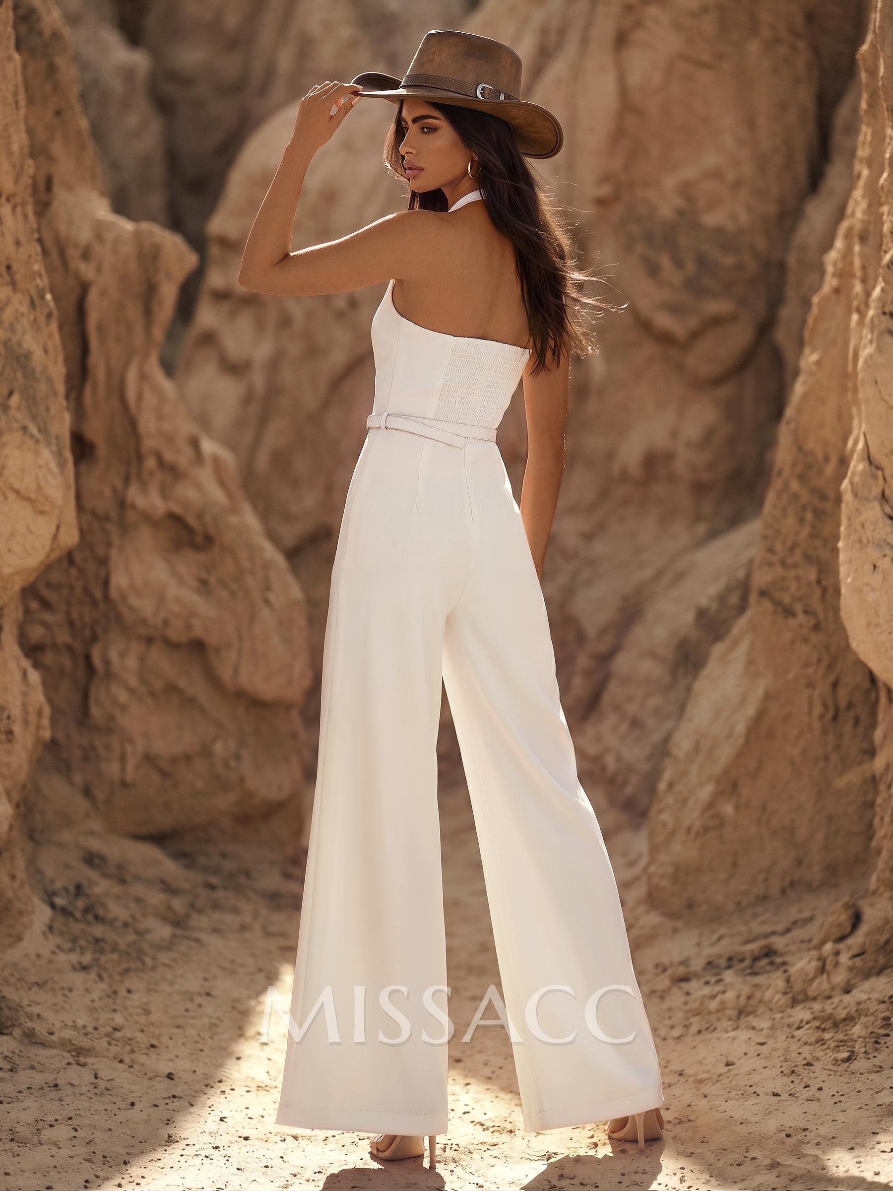 Jumpsuit/Pantsuit Halter Sleeveless Floor-Length Elastic Satin Wedding Dresses With Sash