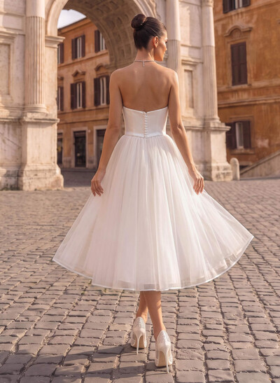 A-Line Sweetheart Sleeveless Tea-Length Tulle/Matte Satin Wedding Dresses