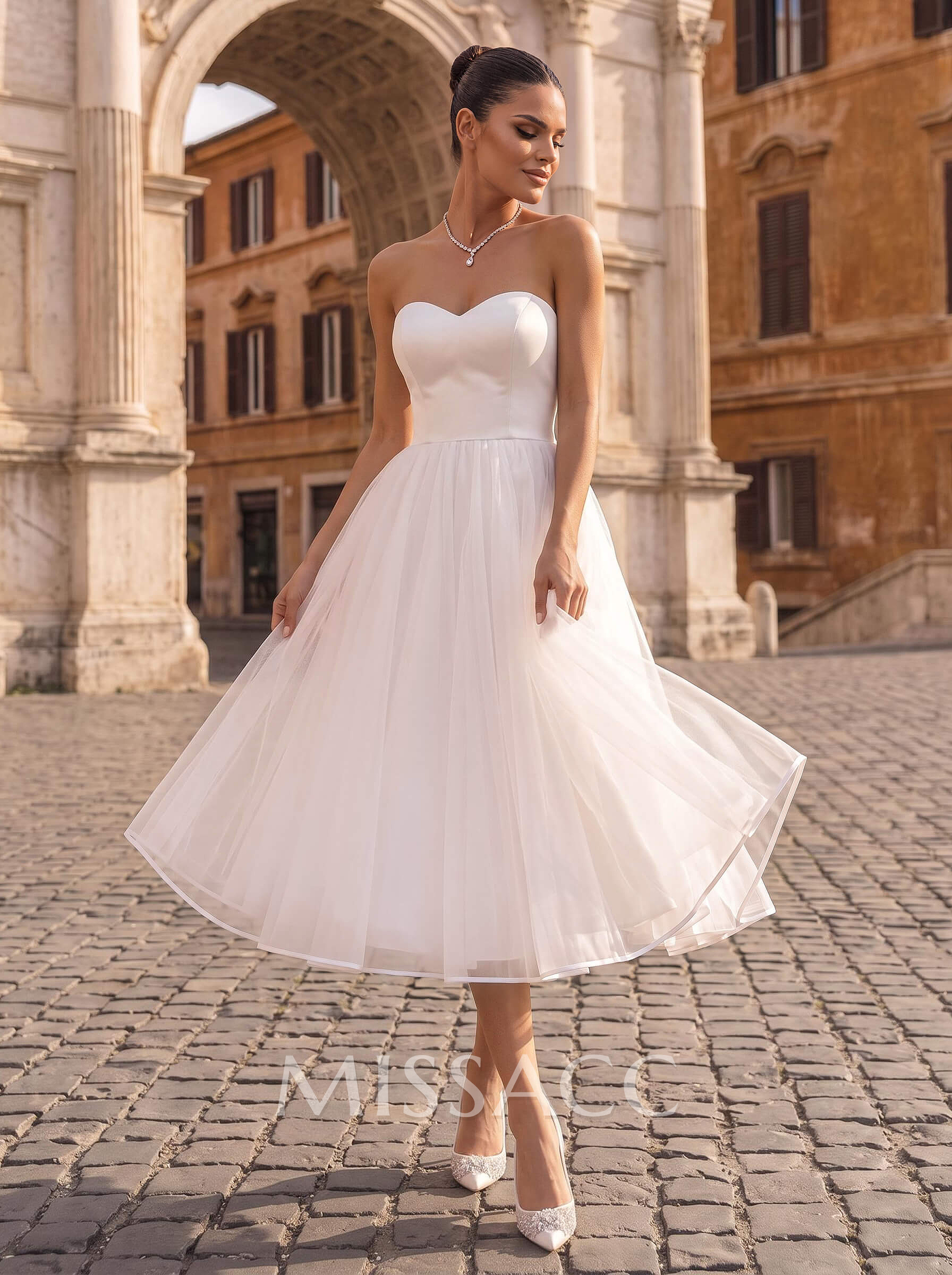 A-Line Sweetheart Sleeveless Tea-Length Tulle/Matte Satin Wedding Dresses