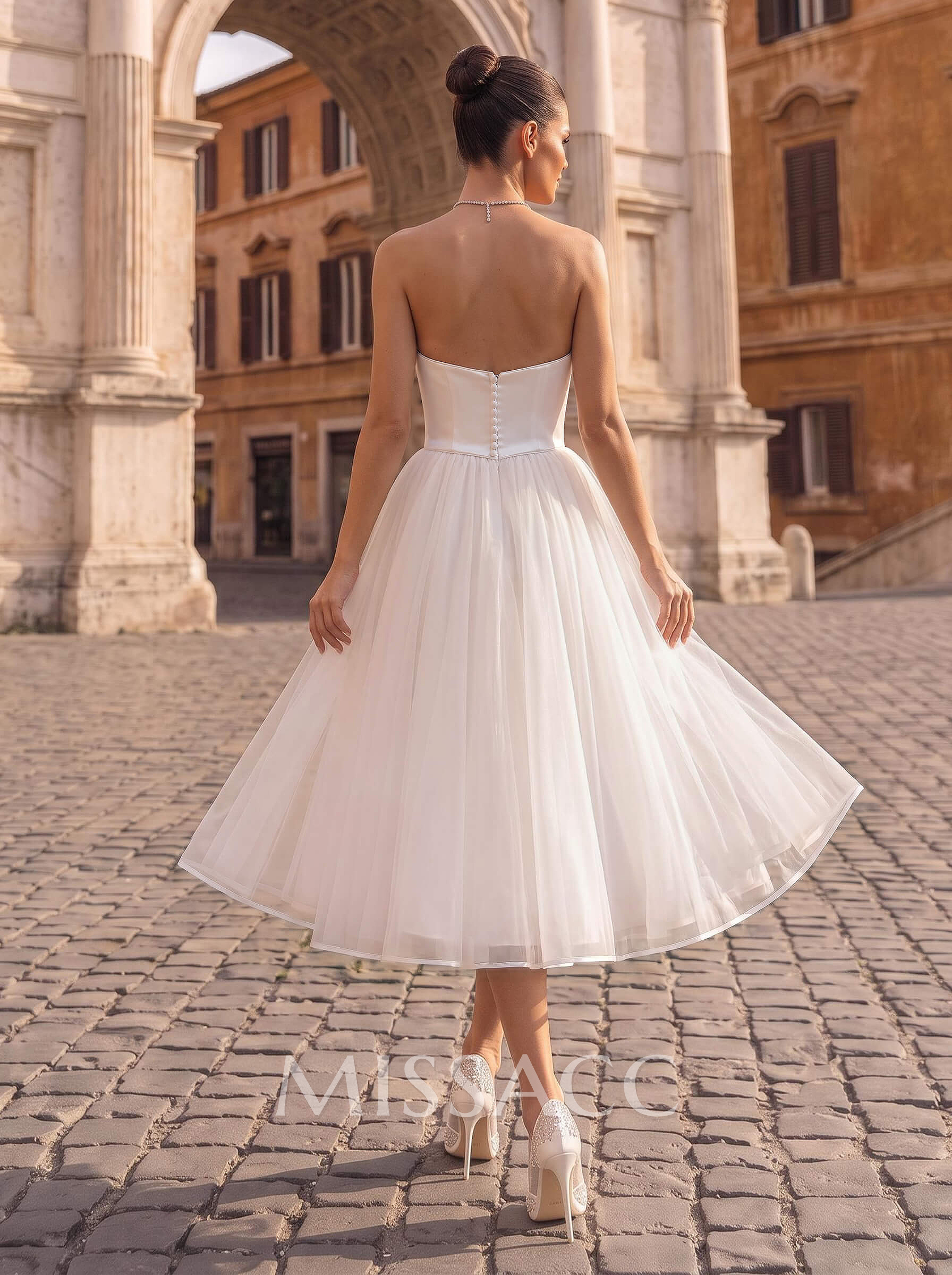 A-Line Sweetheart Sleeveless Tea-Length Tulle/Matte Satin Wedding Dresses