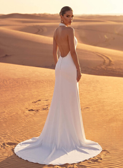 A-Line Halter Sleeveless Chapel Train Elastic Satin Wedding Dresses