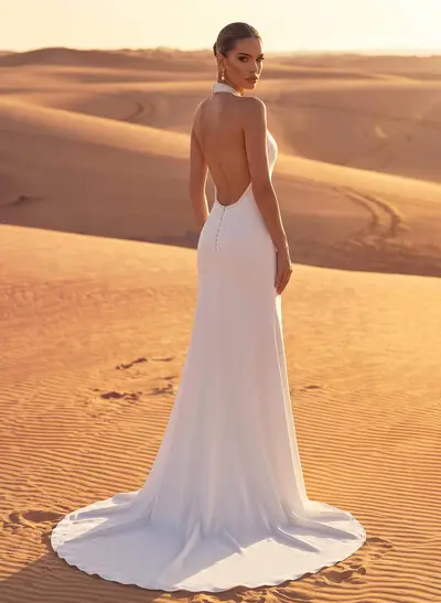 A-Line Halter Sleeveless Chapel Train Elastic Satin Wedding Dresses
