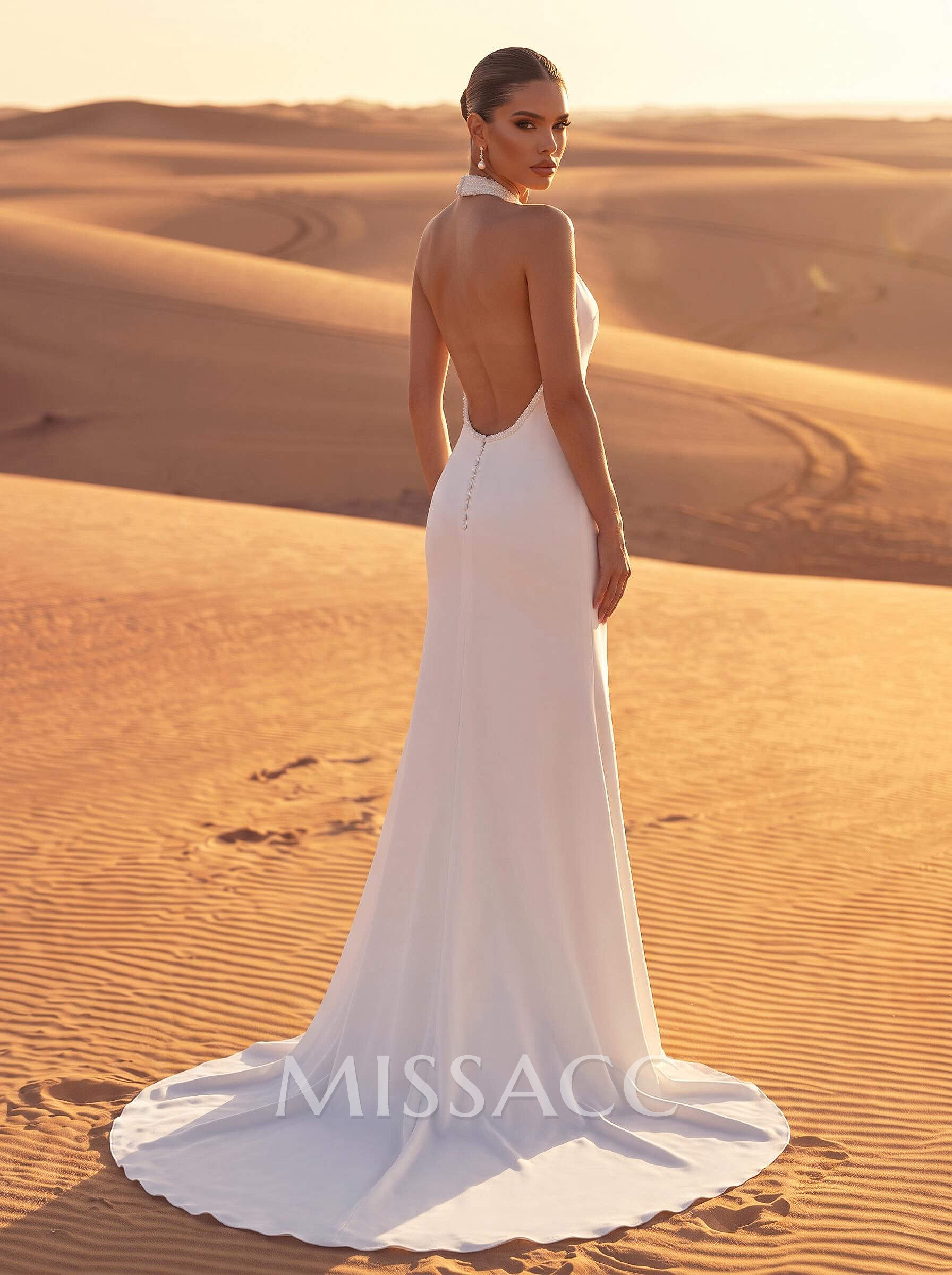 A-Line Halter Sleeveless Chapel Train Elastic Satin Wedding Dresses