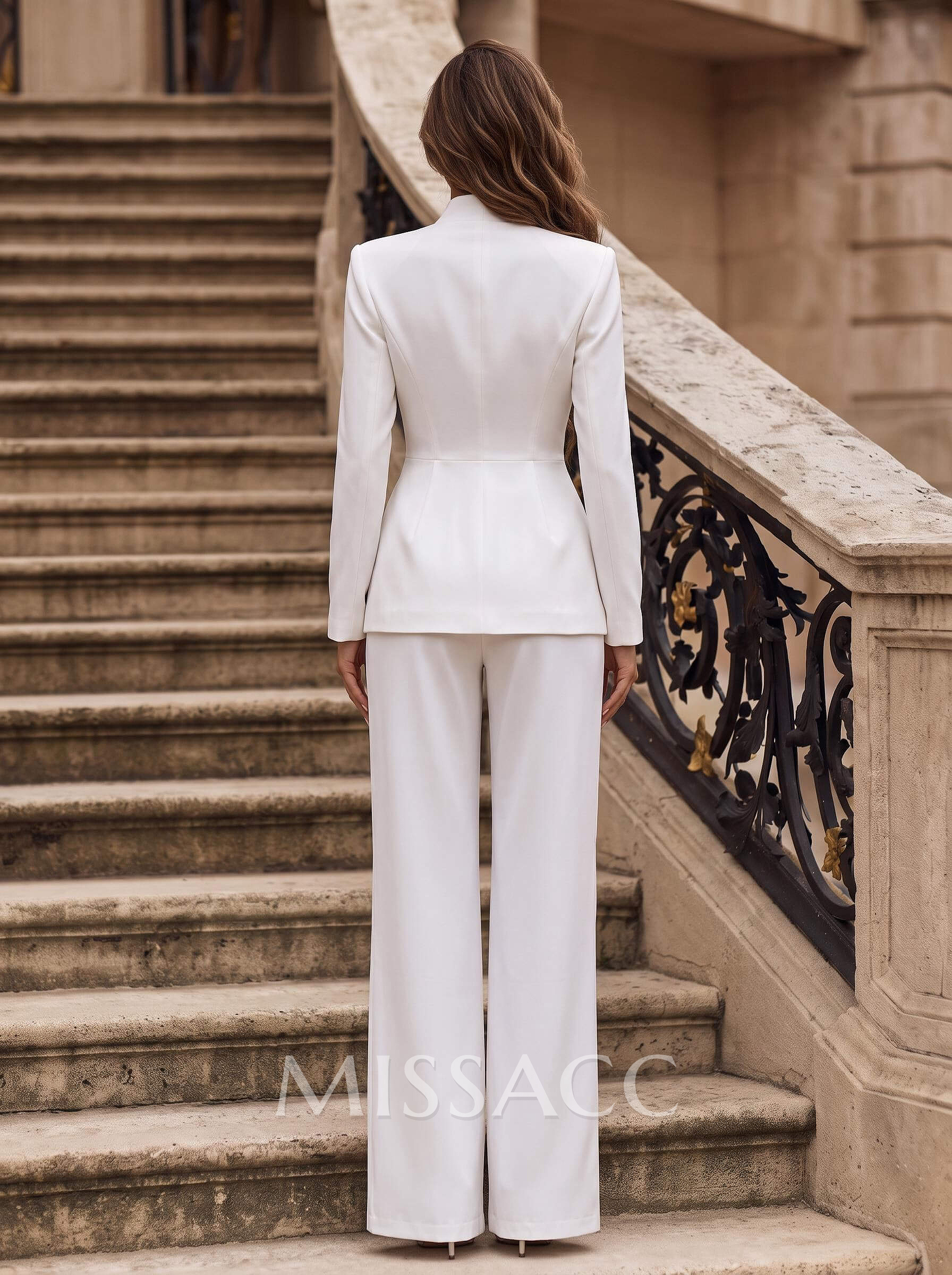 Jumpsuit/Pantsuit V-Neck Long Sleeves Floor-Length Elastic Satin Wedding Dresses