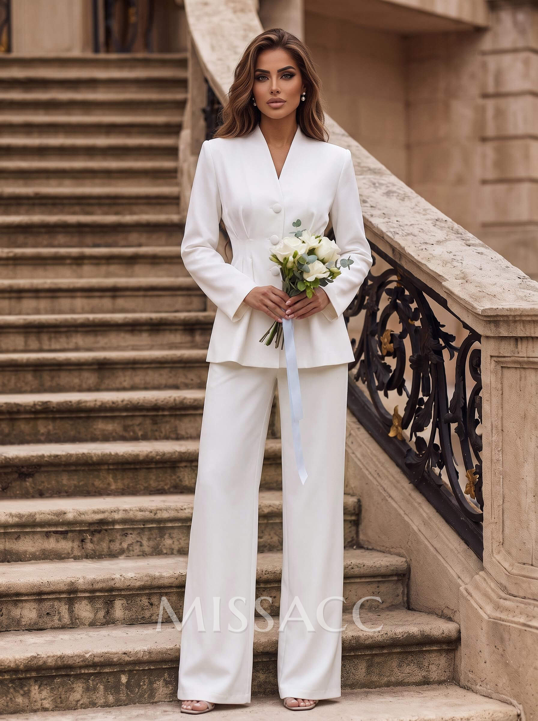 Jumpsuit/Pantsuit V-Neck Long Sleeves Floor-Length Elastic Satin Wedding Dresses