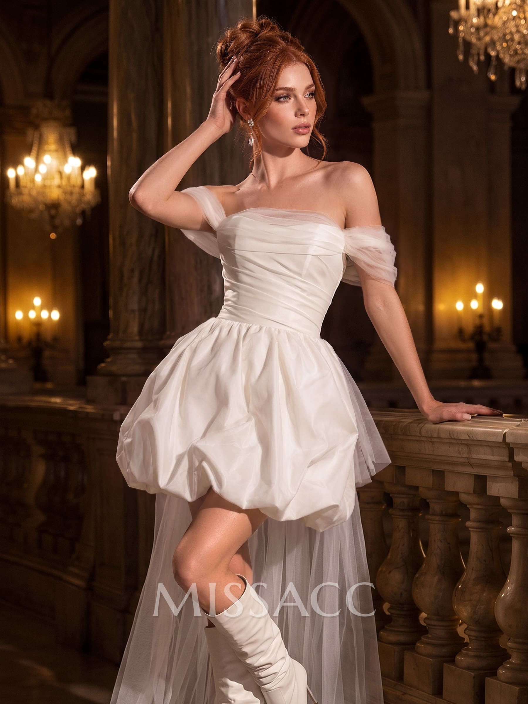 A-Line Off-The-Shoulder Sleeveless Short/Mini Tulle/Taffeta Wedding Dresses