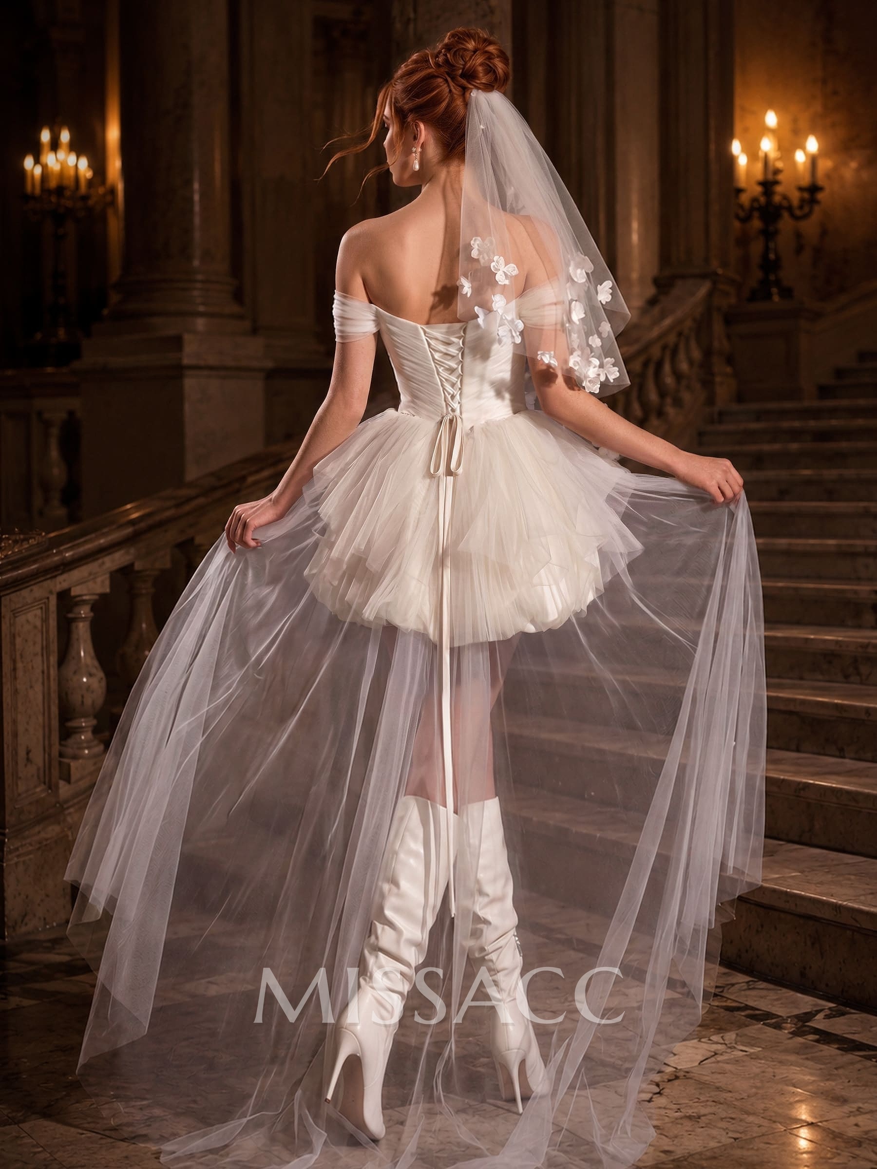 A-Line Off-The-Shoulder Sleeveless Short/Mini Tulle/Taffeta Wedding Dresses