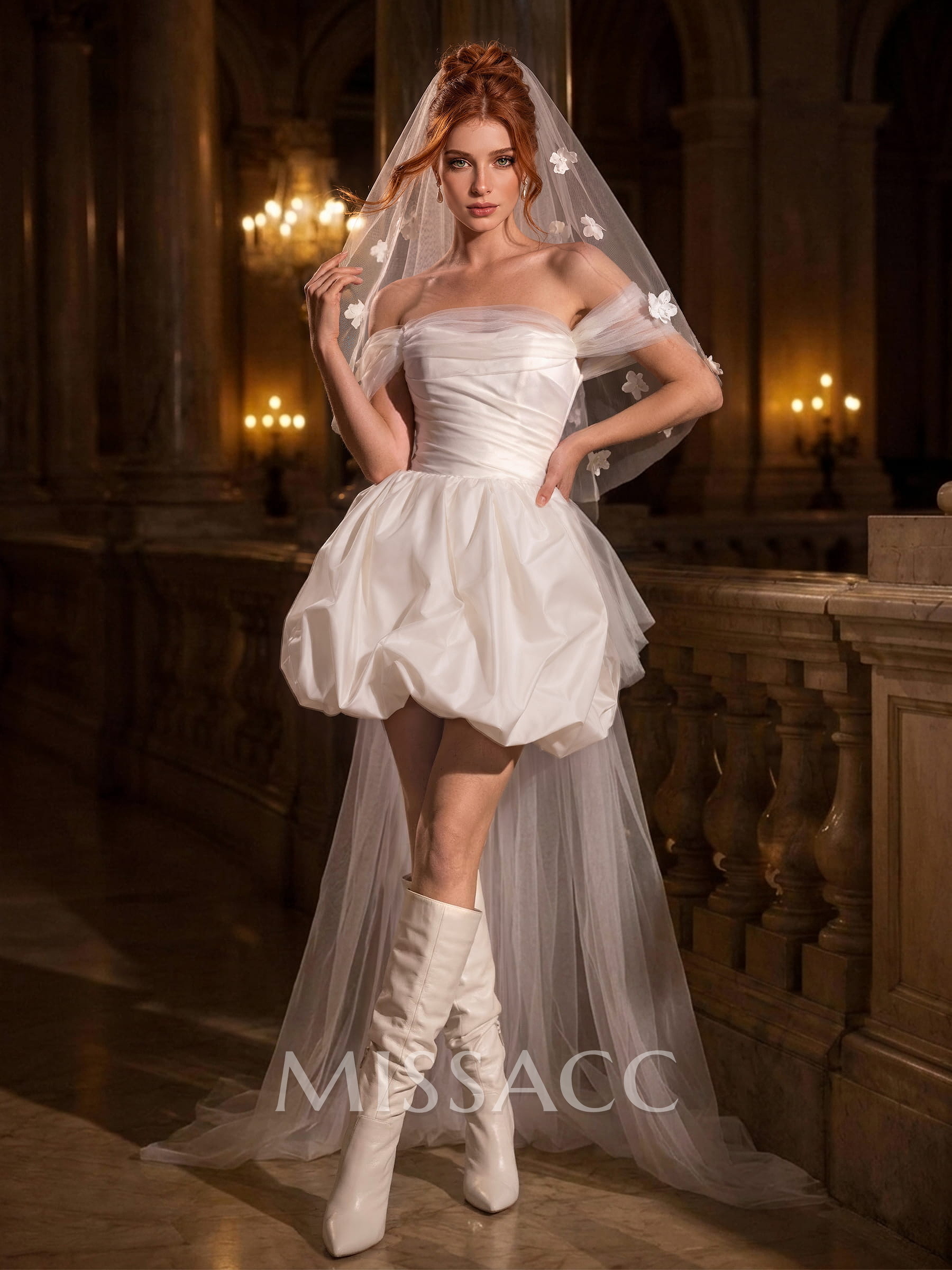 A-Line Off-The-Shoulder Sleeveless Short/Mini Tulle/Taffeta Wedding Dresses