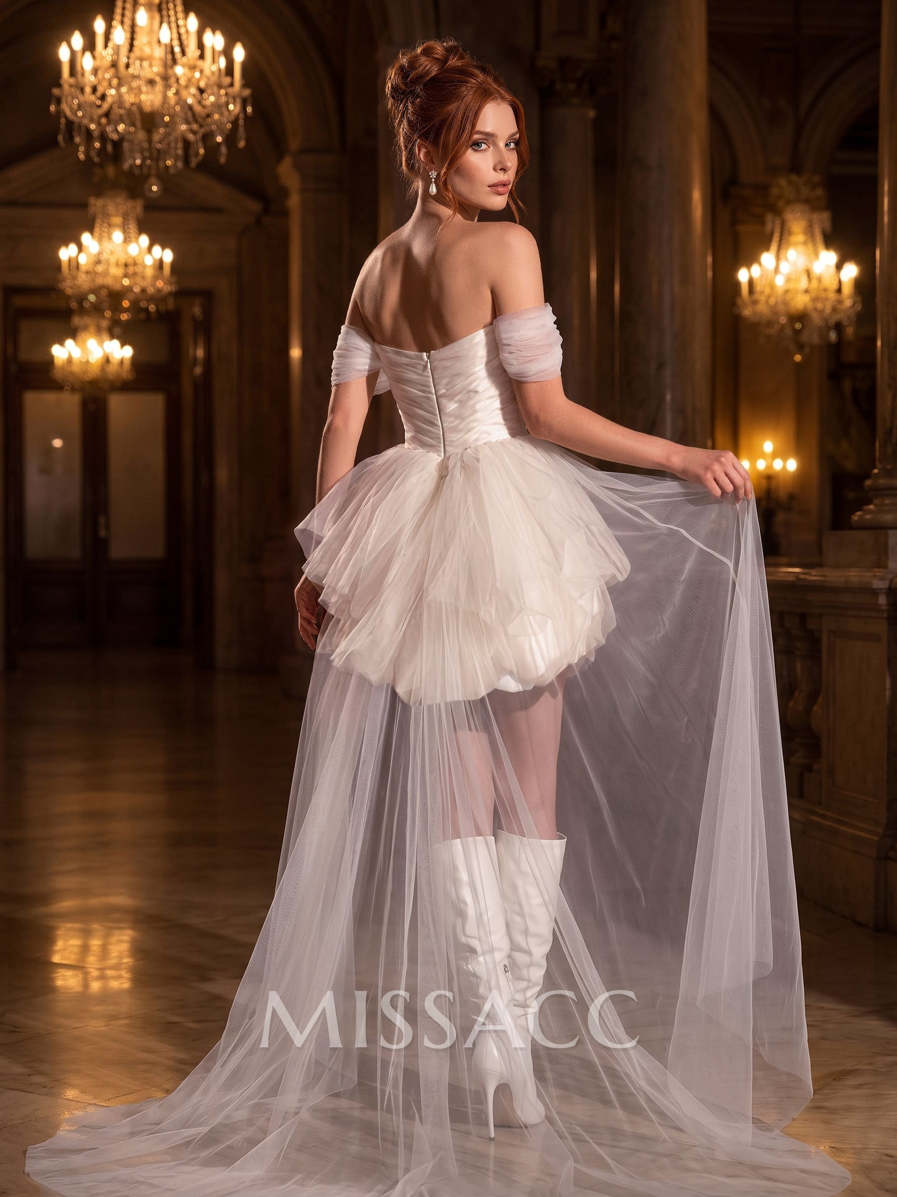 A-Line Off-The-Shoulder Sleeveless Short/Mini Tulle/Taffeta Wedding Dresses