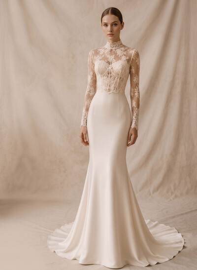 Trumpet/Mermaid High Neck Long Sleeves Court Train Lace/Matte Satin Wedding Dresses