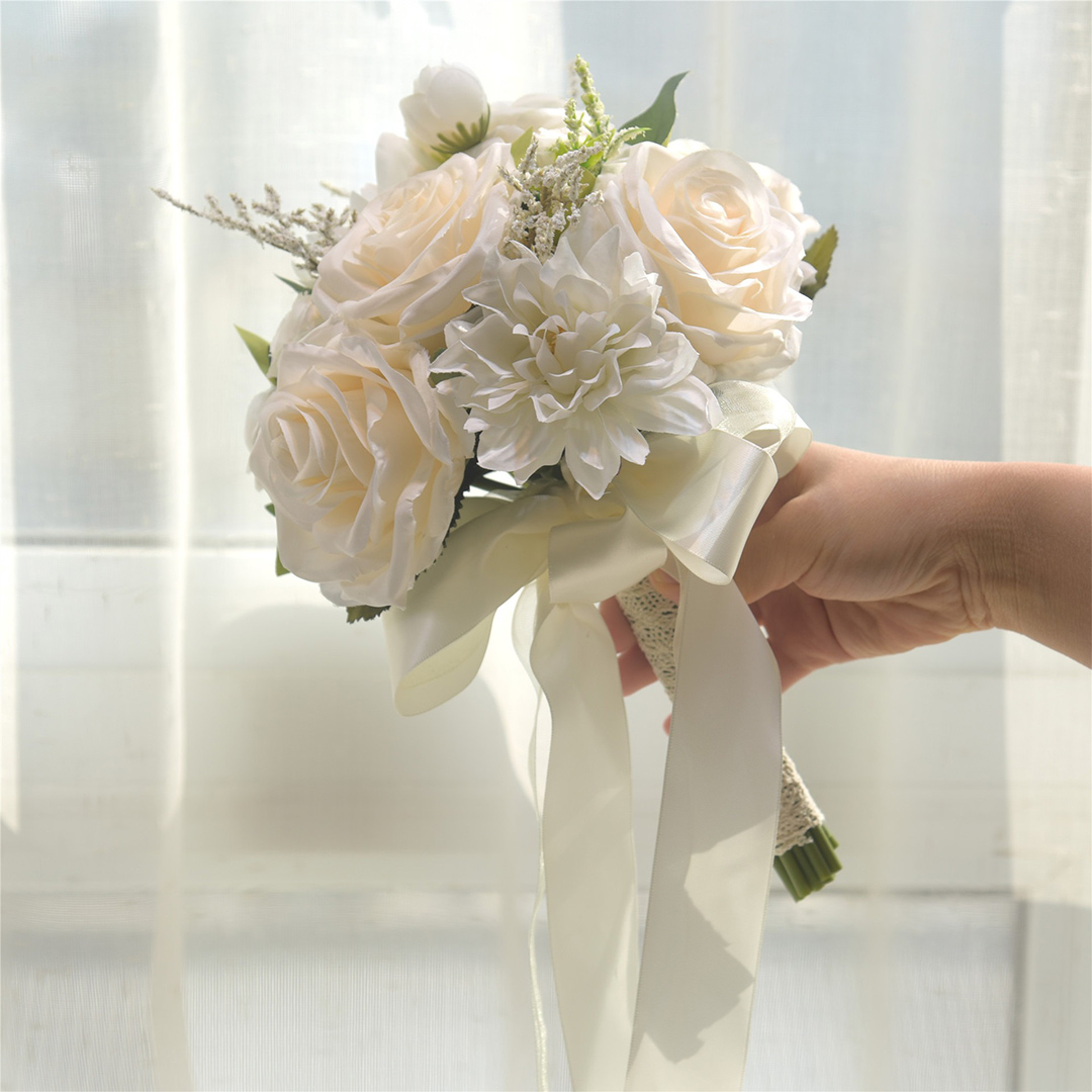 Artificial Wedding Flowers Round Silk Cloth Roses Bridal Bouquets