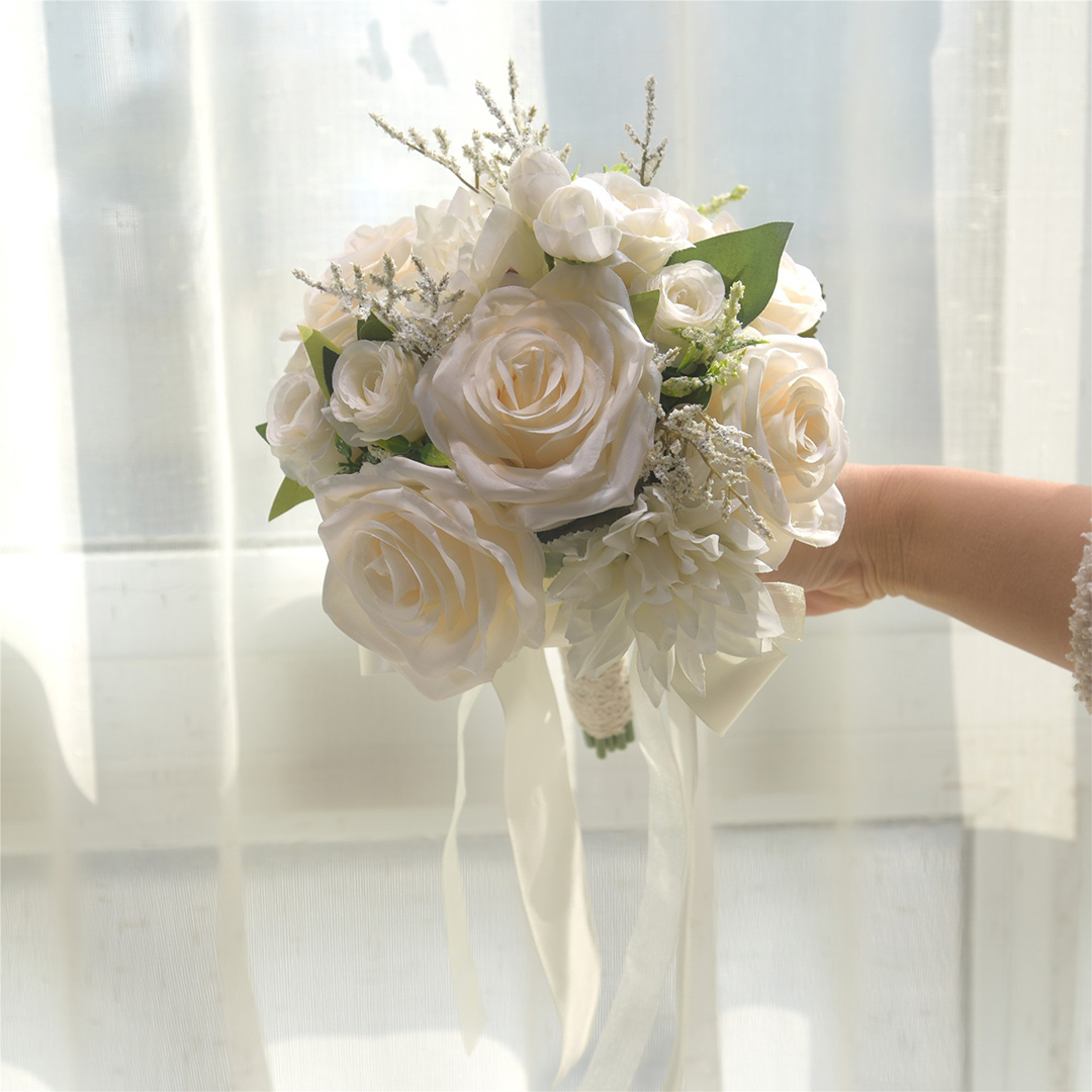 Artificial Wedding Flowers Round Silk Cloth Roses Bridal Bouquets