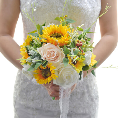 Artificial Wedding Flowers Round Silk Cloth Sunflower Bridal Bouquets