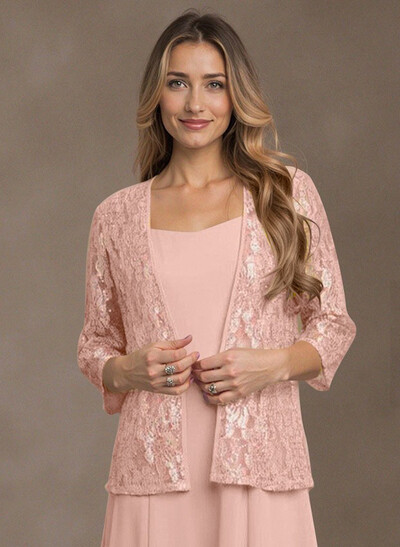 Open Front Lace/Tulle Jacket With 3/4 Sleeves