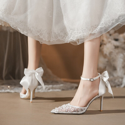 Stiletto Heel Mesh Point Toe Wedding Shoes With Bowknot