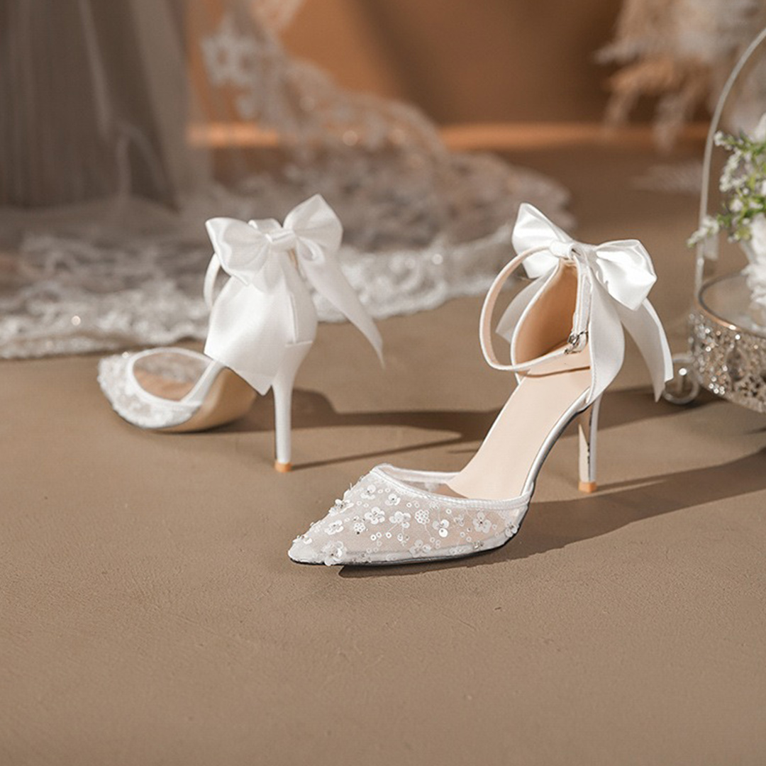 Stiletto Heel Mesh Point Toe Wedding Shoes With Bowknot