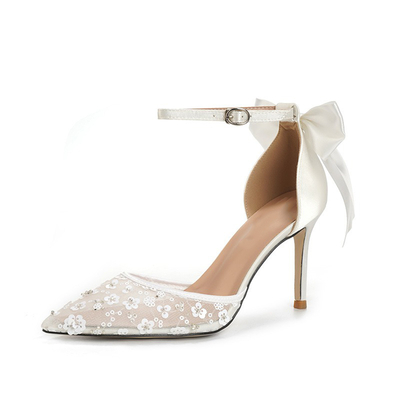 Stiletto Heel Mesh Point Toe Wedding Shoes With Bowknot