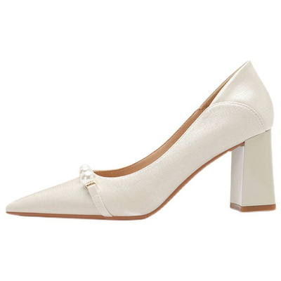 Chunky Heel Satin Point Toe Wedding Shoes With Imitation Pearl