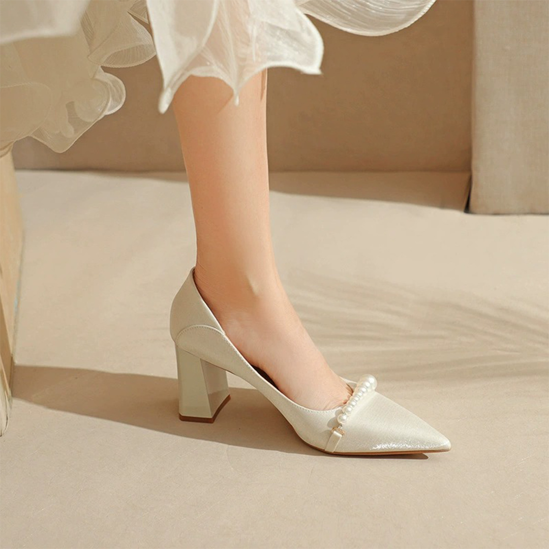 Chunky Heel Satin Point Toe Wedding Shoes With Imitation Pearl