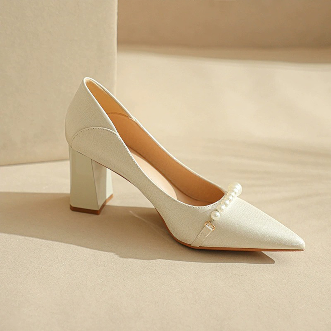 Chunky Heel Satin Point Toe Wedding Shoes With Imitation Pearl