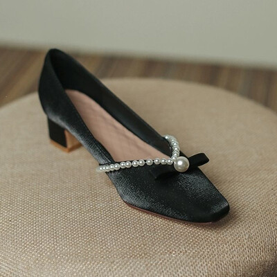 Chunky Heel Satin Square Toe Wedding Shoes With Pearl