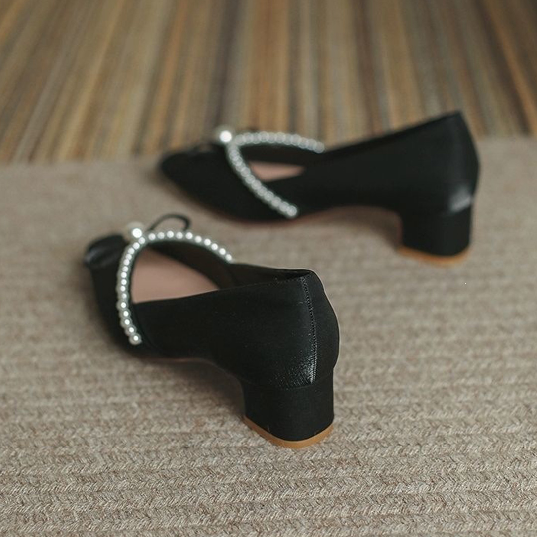 Chunky Heel Satin Square Toe Wedding Shoes With Pearl