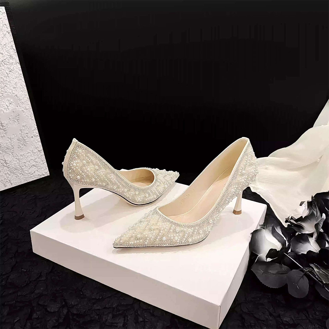 High Heel Cloth Point Toe Wedding Shoes With Rhinestone/Imitation Pearl