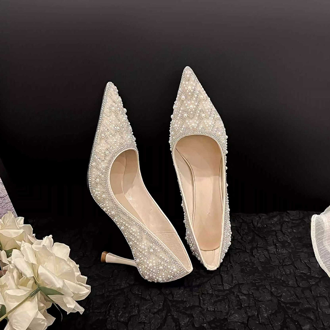 High Heel Cloth Point Toe Wedding Shoes With Rhinestone/Imitation Pearl