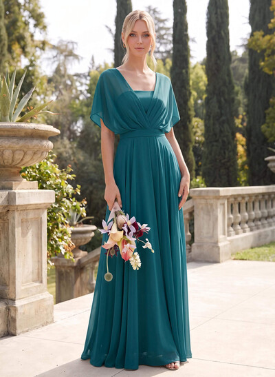 Pleated A-Line Floor-Length Chiffon Bridesmaid Dresses With Cape Sleeves