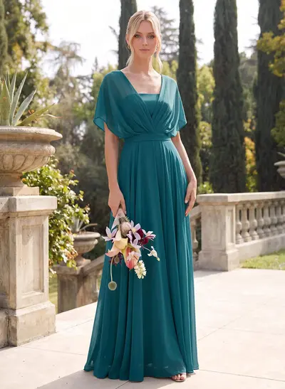 A-Line Cape Sleeves Floor-Length Chiffon Bridesmaid Dresses With Pleated