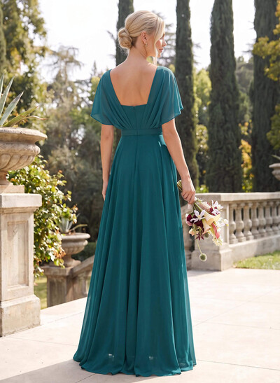 Pleated A-Line Floor-Length Chiffon Bridesmaid Dresses With Cape Sleeves