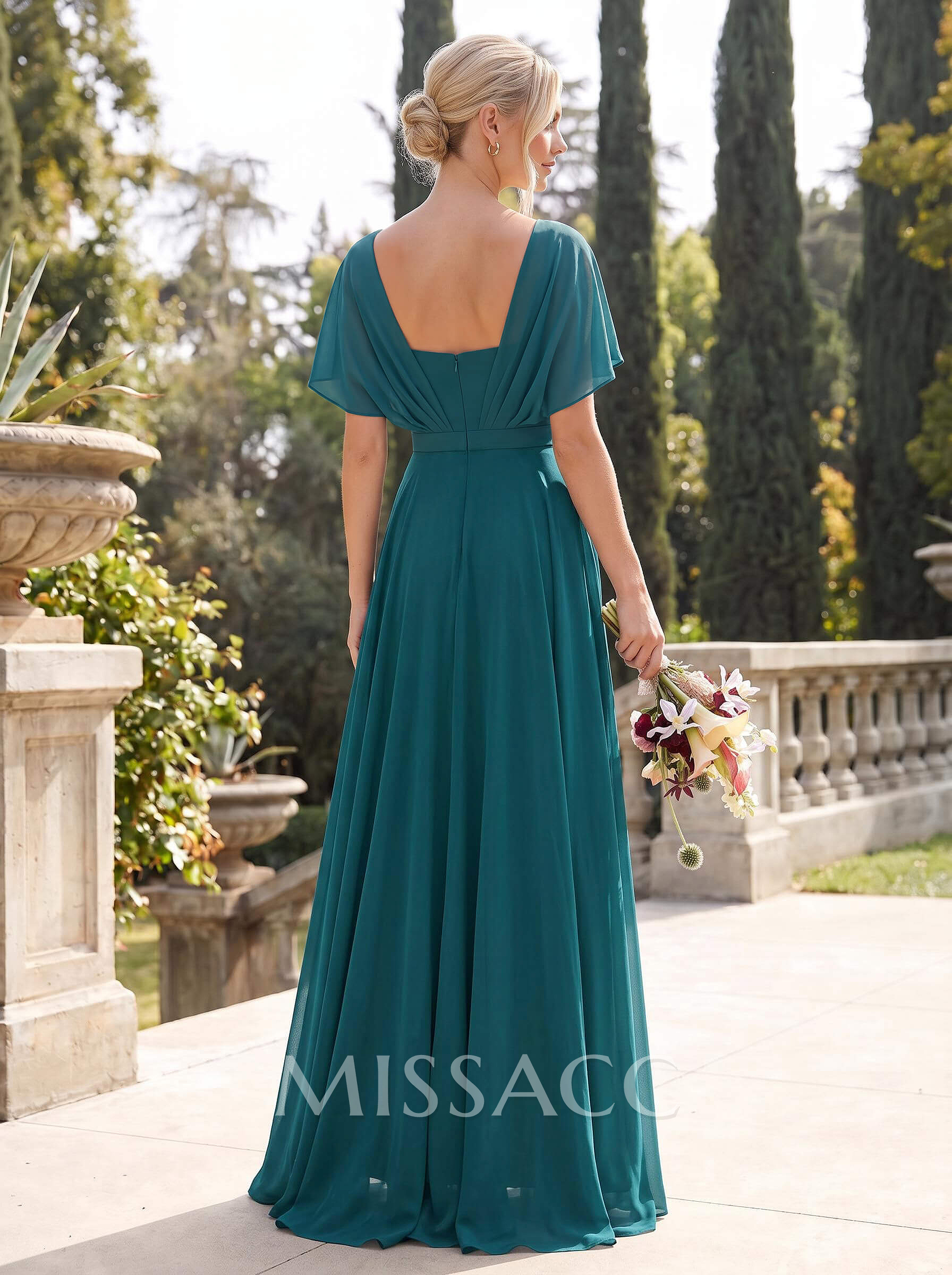A-Line Cape Sleeves Floor-Length Chiffon Bridesmaid Dresses With Pleated