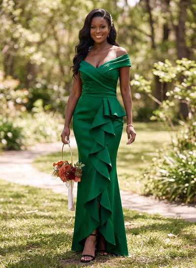 Sheath/Column Off-The-Shoulder Sleeveless Asymmetrical Satin Bridesmaid Dresses With Cascading Ruffles