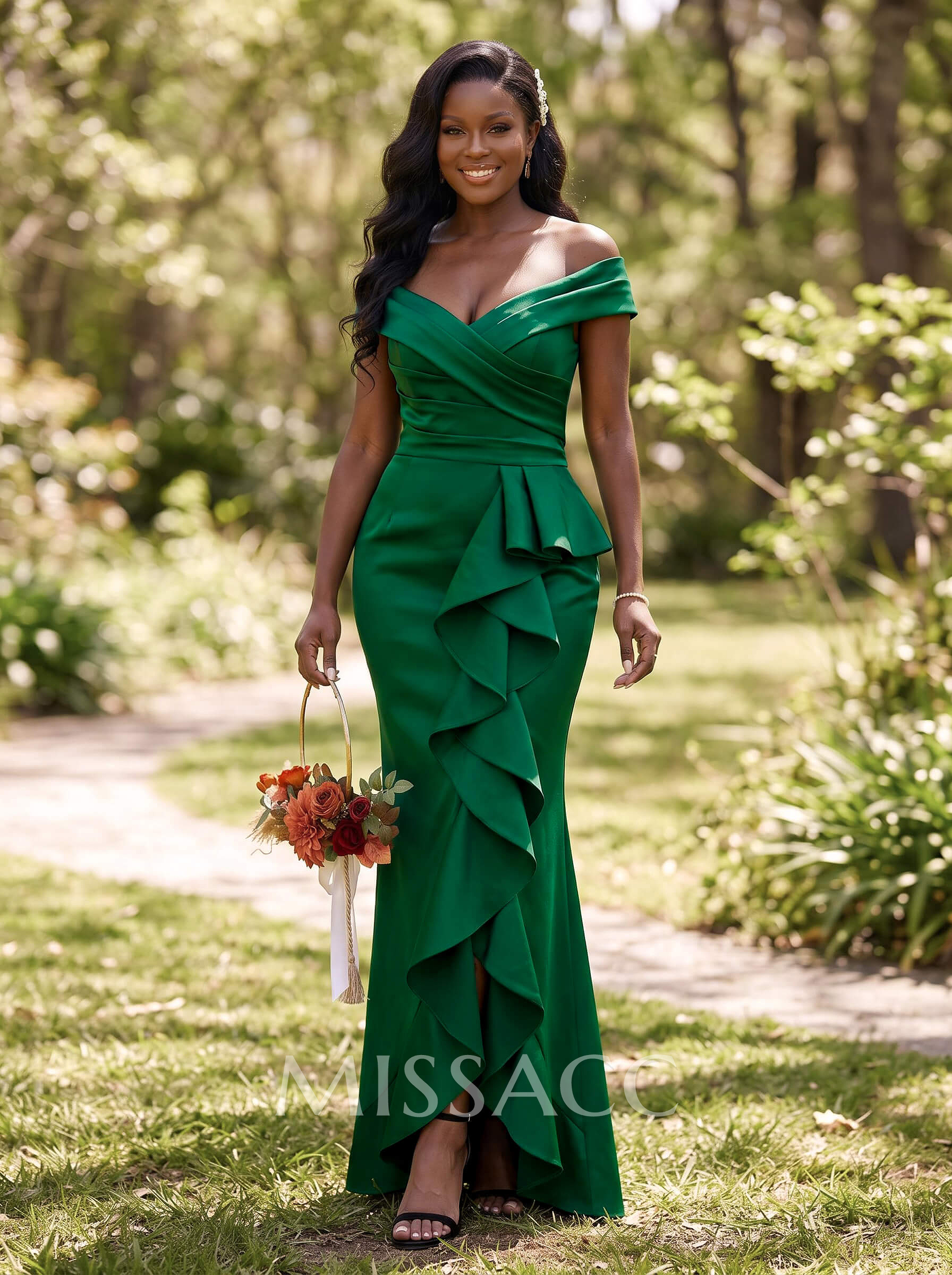 Sheath/Column Off-The-Shoulder Sleeveless Asymmetrical Satin Bridesmaid Dresses With Cascading Ruffles
