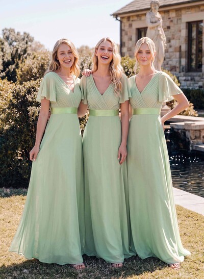 A-Line V-Neck Short Sleeves Floor-Length Chiffon Bridesmaid Dresses With Sash