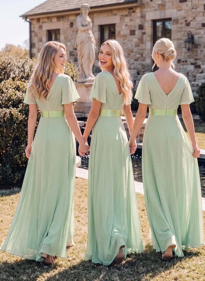 A-Line V-Neck Short Sleeves Floor-Length Chiffon Bridesmaid Dresses With Sash