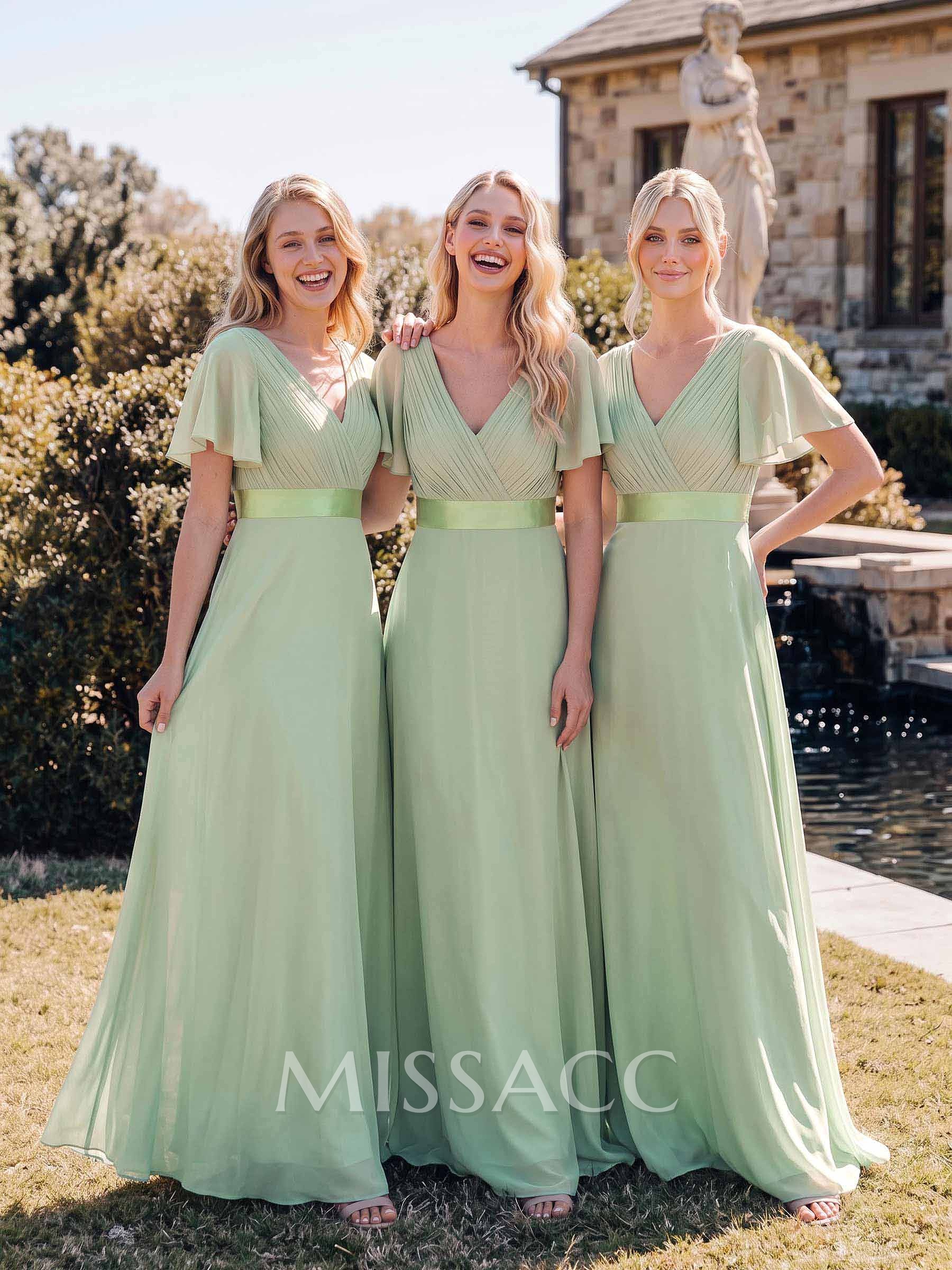 A-Line V-Neck Short Sleeves Floor-Length Chiffon Bridesmaid Dresses With Sash